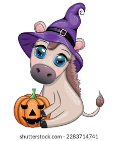 Cute donkey in purple witch hat, with broom, pumpkin, potion. Halloween card for the holiday