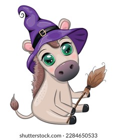 Cute donkey in purple witch hat, with broom, pumpkin, potion. Halloween card for the holiday