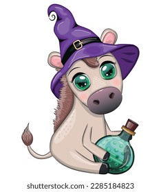 Cute donkey in purple witch hat, with broom, pumpkin, potion. Halloween card for the holiday