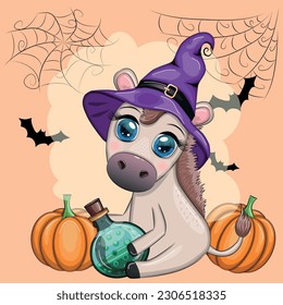 Cute donkey in purple witch hat, with broom, pumpkin, potion. Halloween card for the holiday