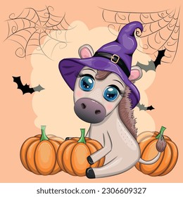 Cute donkey in purple witch hat, with broom, pumpkin, potion. Halloween card for the holiday