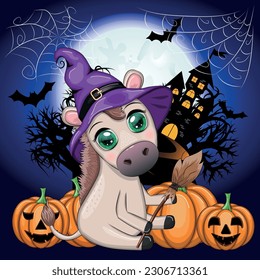 Burro lindo con sombrero de bruja morada, con escoba, calabaza, poción. Tarjeta de Halloween para la festividad