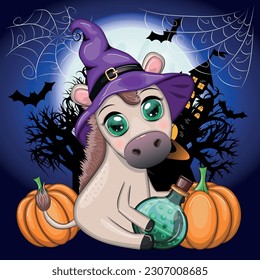 Cute donkey in purple witch hat, with broom, pumpkin, potion. Halloween card for the holiday