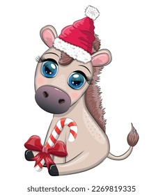 Cute donkey in santa hat with balloon, gift, candy kane, ice skating and winter sports. Postcard for Christmas and New Year.