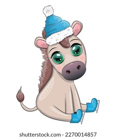 Cute donkey in santa hat with balloon, gift, candy kane, ice skating and winter sports. Postcard for Christmas and New Year.