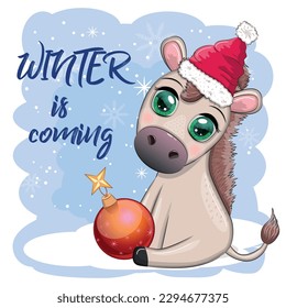 Cute donkey in santa hat with balloon, gift, candy kane, ice skating and winter sports. Postcard for Christmas and New Year.