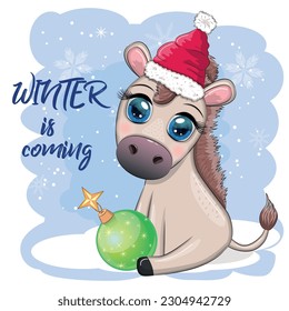 Burro lindo en sombrero santa con globo, regalo, canoas, patinaje sobre hielo y deportes de invierno. Postal para Navidad y Año Nuevo.