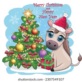 Cute donkey in santa hat with balloon, gift, candy kane near the christmas tree. Postcard for Christmas and New Year.