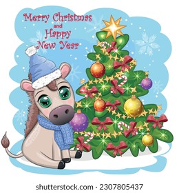 Cute donkey in santa hat with balloon, gift, candy kane near the christmas tree. Postcard for Christmas and New Year.