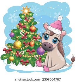 Cute donkey in santa hat with balloon, gift, candy kane near the christmas tree. Postcard for Christmas and New Year.