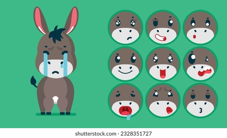 Cute donkey, set of animal emotions, tiny donkey with emoji collocation, sleeping, crying, sad, Bored, happy, excited, lovable, surprised, careless, confident, terrifled, stunned, Flat Vector avatar