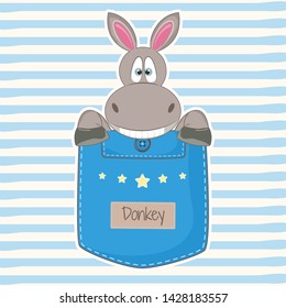 Cute donkey sitting in a pocket and smiling fun. Graphic element for print design, greeting card, poster and t-shirt. Vector illustration.