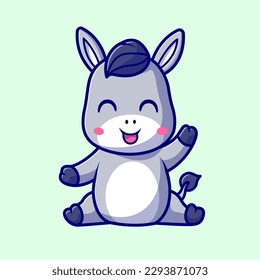 Cute Donkey Sitting And Waving Hand Cartoon Vector Icon Illustration. Animal Nature Icon Concept Isolated Premium Vector. Flat Cartoon Style