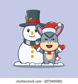 Cute donkey with Snowman. Cute christmas cartoon illustration.