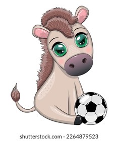 Cute donkey with a soccer ball. Child character, games for boys
