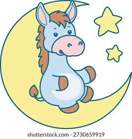 Lindo icono de la etiqueta engomada del burro. Burro divertido que pone en la luna