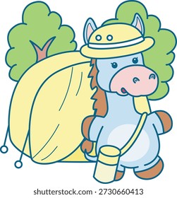 Lindo icono de la etiqueta engomada del burro. Burro divertido en el campamento