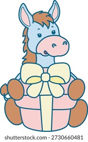 Lindo icono de la etiqueta engomada del burro. Burro divertido trae una caja de regalo
