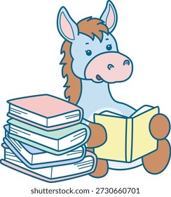 Lindo icono de la etiqueta engomada del burro. Burro divertido leyendo un libro