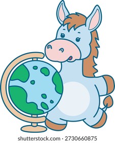 Lindo icono de la etiqueta engomada del burro. Burro divertido traer un globo