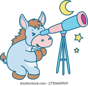 Ícone de adesivo bonito Burro. Engraçado Burro ver o planeta com telescópio 