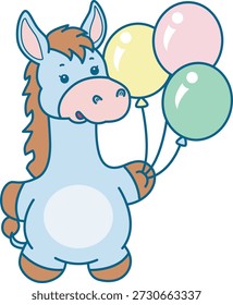 Cute Donkey sticker icon. Funny Donkey bring a three balloons