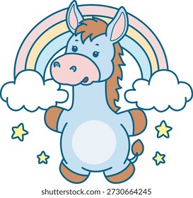 Lindo icono de la etiqueta engomada del burro. Burro divertido delante del arco iris 