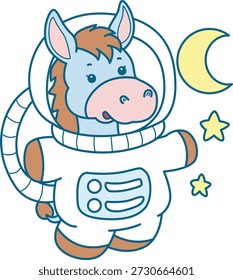Lindo icono de la etiqueta engomada del burro. Burro divertido con traje de astronauta