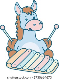 Lindo icono de la etiqueta engomada del burro. Burro divertido jugando un xilófono