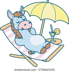 Lindo icono de la etiqueta engomada del burro. Burro divertido jugando en la playa 