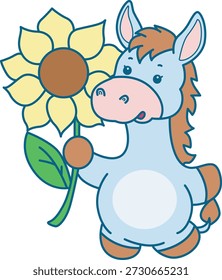Lindo icono de la etiqueta engomada del burro. Burro divertido traer una flor de sol