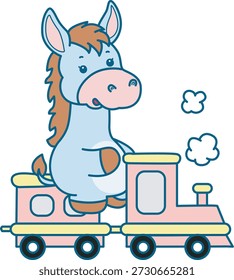 Lindo icono de la etiqueta engomada del burro. Burro divertido montando un tren