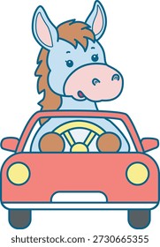 Lindo icono de la etiqueta engomada del burro. Burro divertido conduciendo un coche