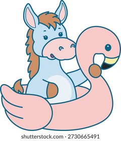 Lindo icono de la etiqueta engomada del burro. Burro divertido pegado en el neumático de flamenco