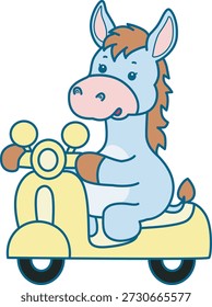 Lindo icono de la etiqueta engomada del burro. Burro divertido montando una moto