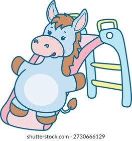 Lindo icono de la etiqueta engomada del burro. Burro divertido jugando un deslizamiento