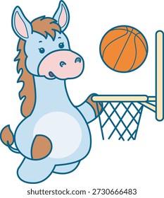 Lindo icono de la etiqueta engomada del burro. Burro divertido jugando un baloncesto