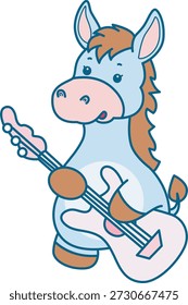 Lindo icono de la etiqueta engomada del burro. Burro divertido tocando una guitarra
