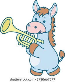 Cute Donkey sticker icon. Funny Donkey playing a trumpet