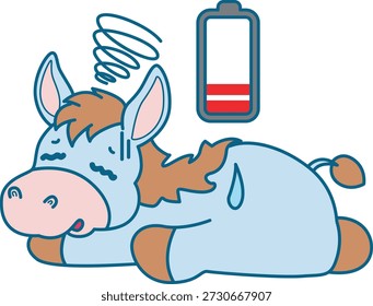 Lindo icono de la etiqueta engomada del burro. Funny Donkey estaba tan cansado