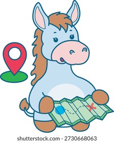 Lindo icono de la etiqueta engomada del burro. Funny Donkey ver los mapas 
