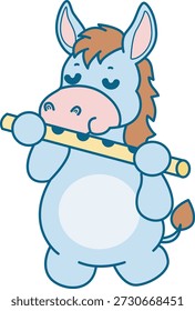 Lindo icono de la etiqueta engomada del burro. Burro divertido tocando una flauta