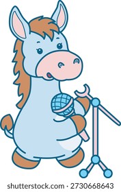 Ícone de adesivo bonito Burro. Funny Donkey cantar uma música com microfone