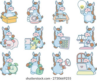 Lindo icono de la etiqueta engomada del burro. Burro divertido en la variación de la idea y las finanzas