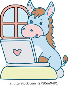 Süße Esel Aufkleber Symbol. Lustiger Esel, der den Laptop eintippt.
