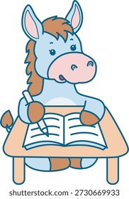 Lindo icono de la etiqueta engomada del burro. Burro divertido escribiendo en la mesa