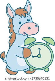 Lindo icono de la etiqueta engomada del burro. Funny Donkey trae un despertador