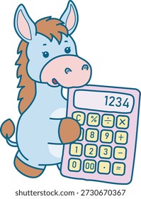Lindo icono de la etiqueta engomada del burro. Funny Donkey trae una calculadora