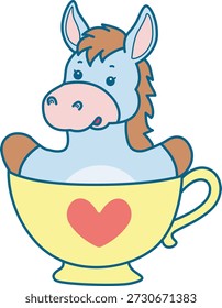 Lindo icono de la etiqueta engomada del burro. Burro divertido pegado en el té del amor