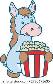 Lindo icono de la etiqueta engomada del burro. Burro divertido traer una palomita de maíz